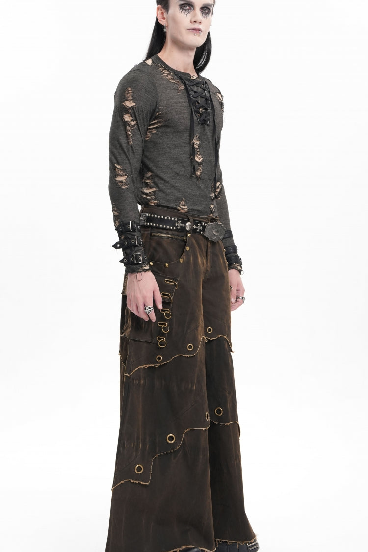Coffee Eyelet Men's Gothic Pants Pocket Trousers - Product - 4