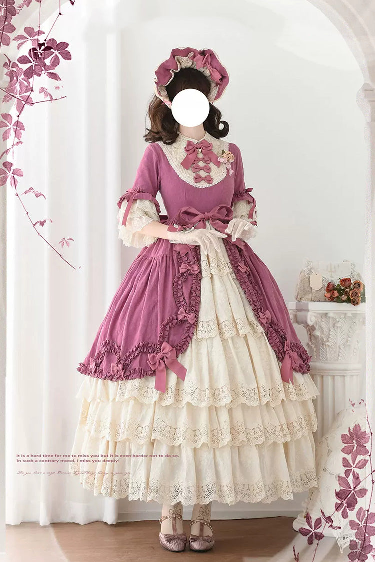 Plum Red [Lilica Garden] Lapel Collar Short Trumpet Sleeves Ruffled Open-Front Bow Lace Sweet Elegant Luxurious Lolita Dress - Product - 4