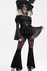 Black Halterneck Long Sleeves Hollow Lace-Up Mesh Women's Gothic Blouse - Product - 4