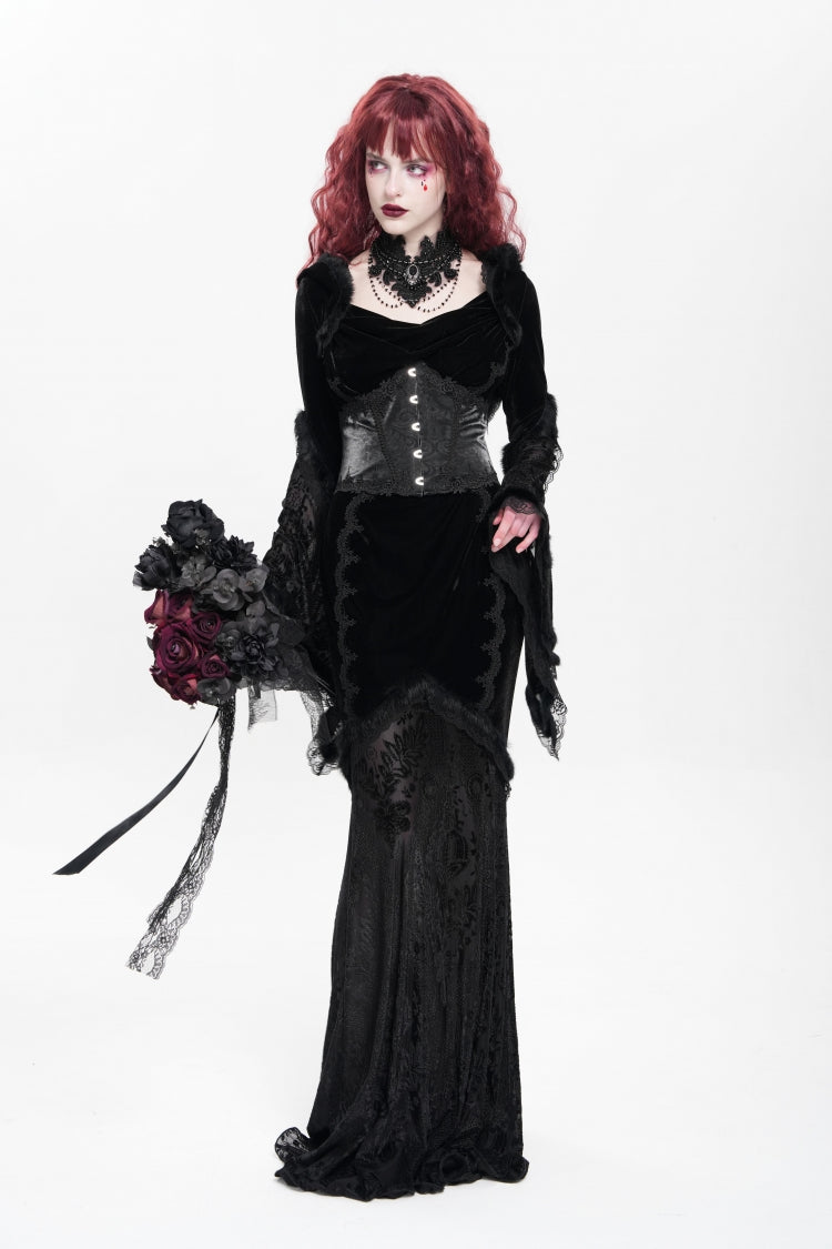 Black Long Trumpet Sleeves Embroidery Stitching Lace Hooded Mesh Women's Gothic Dress - Product - 9