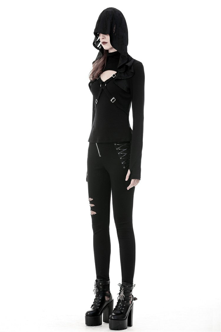 Black Women's Punk Long Sleeves Cut-Out Cross Connection Front Hooded Top - Product - 7