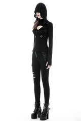 Black Women's Punk Long Sleeves Cut-Out Cross Connection Front Hooded Top - Product - 7