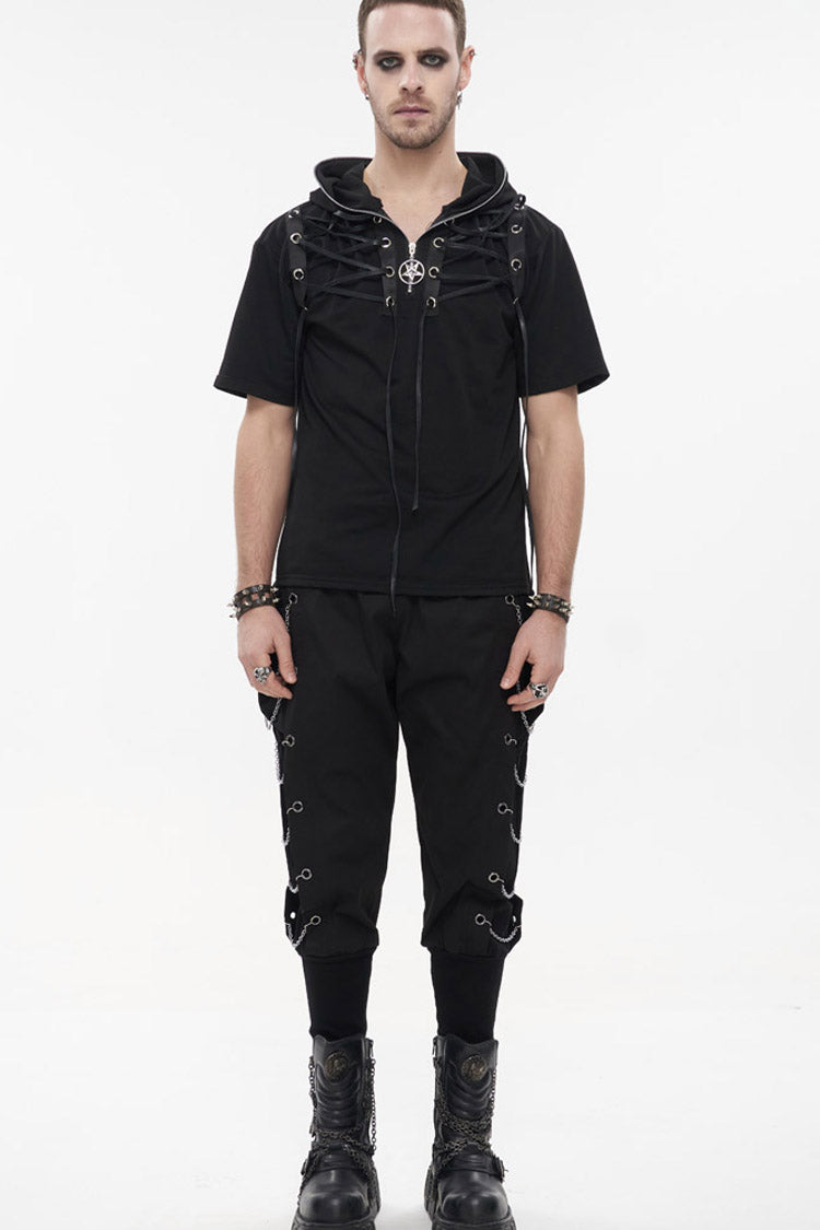 Black Punk Short Sleeve Metal Zipper Lace-Up Knit Loose Casual Hooded Men's T-Shirt - Product - 7