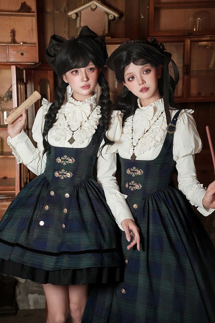 Blue/Green [Berlin's letter] Double-Layered Plaid Print Ruffle Bowknot Classic College Style Lolita Strap Dress Set 2 Versions - Product - 5