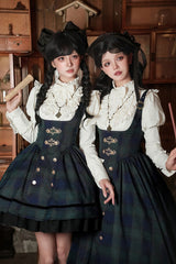Blue/Green [Berlin's letter] Double-Layered Plaid Print Ruffle Bowknot Classic College Style Lolita Strap Dress Set 2 Versions - Product - 5