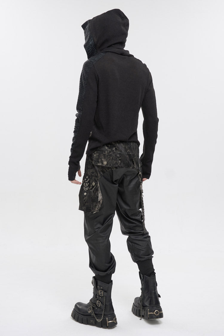 Black Trendy Dark Tether V-Neck Panel Knit Hooded Men's Punk T-Shirt - Product - 4