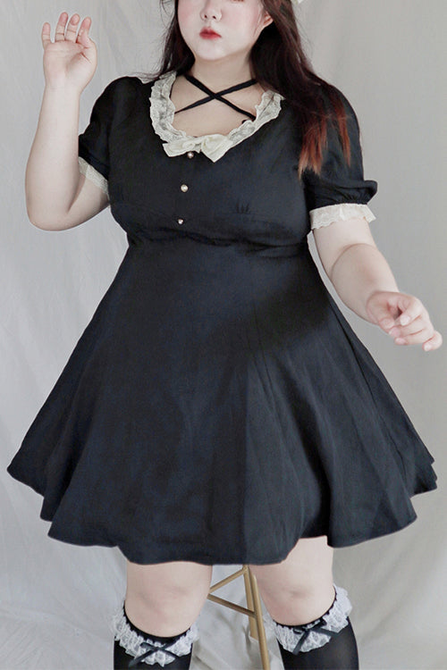 Black Lace Round Collar Short Sleeves High Waisted Plus Size Sweet Lolita Dress - Black - 1