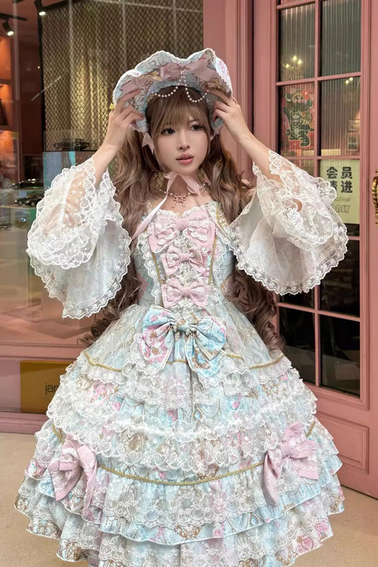 Blue [Candlelight Elegance] Long Trumpet Sleeves Multi-Layered Ruffle Bowknot Lace Sweet Elegant Lolita Dress - Blue - 1