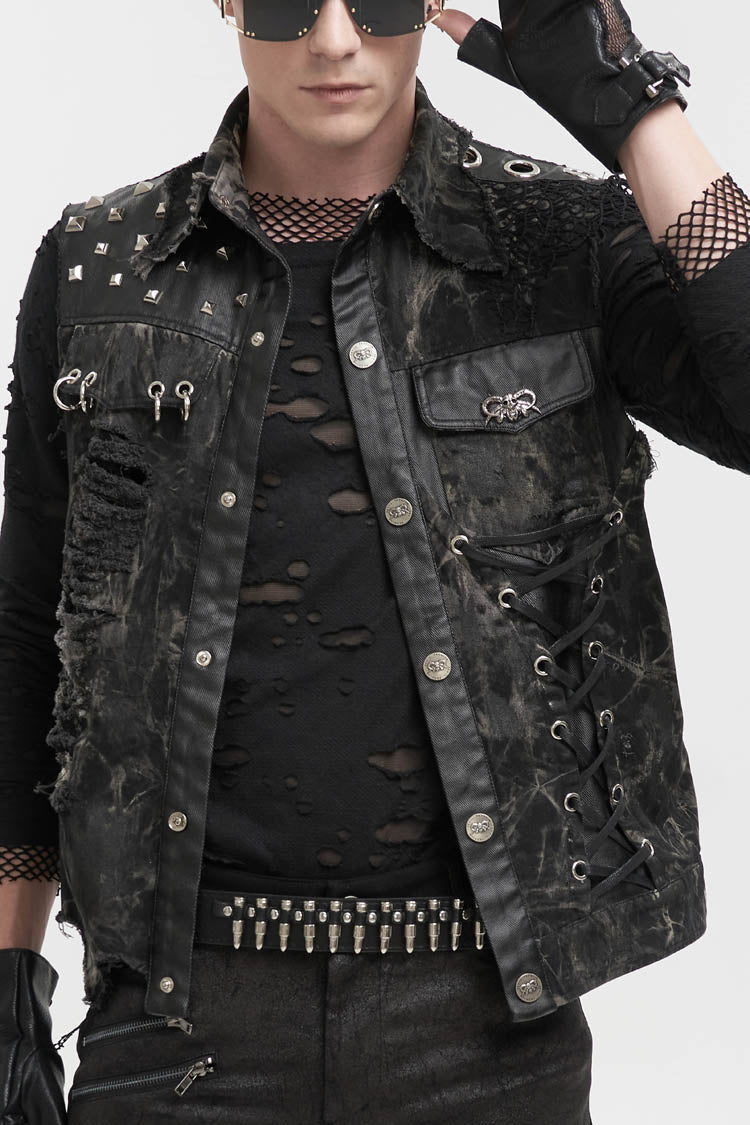 Black Loose Non-Stretch Tie-Dye Decadent Snatched Skull Sheep Head Decoration Men's Punk Vest - Black - 1