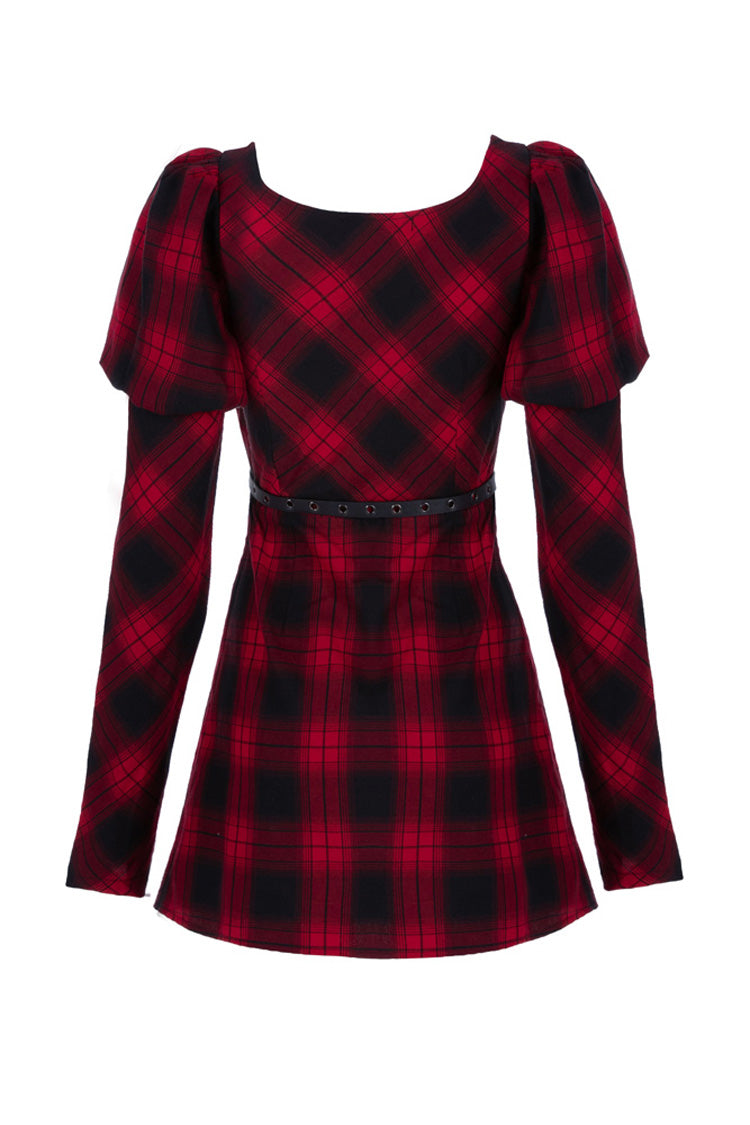 Black/Red Lattice High Waist Long Sleeve Women's Steam Punk Belted Dress - Product - 7
