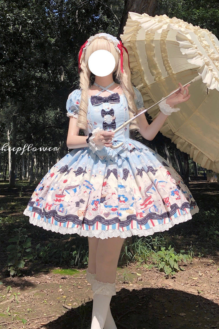 ブルー [Mystery Rabbit Tea Party] スクエアカラー 半袖 プリント フリル リボン レース スウィートロリータ ワンピース 商品画像