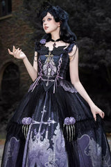 Black/Blue [Skull Magic] Print Ruffle Bowknot Gothic Elegant Lolita Skirt Two-Piece Set - Product - 6