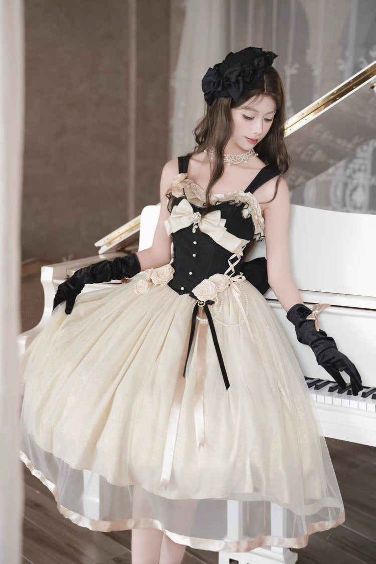 Black/White [Paris Souvenir] Sleeveless Ruffled Bow Lace-Up Fishbone Pearl-Decorated Classic Elegant Lolita Jsk Dress - Product - 3