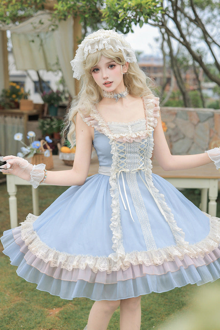 Blue [Island Diary] Square Collar Flutter Sleeves Triple-Layered Ruffled Lace-Up Sweet Lolita Jsk Dress 2 Versions - Product - 10