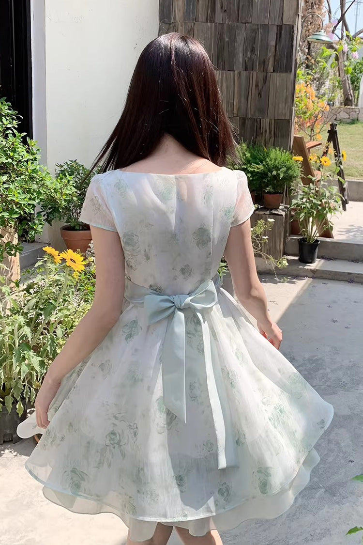 Green Short Sleeves Floral Printed Bow Lace Sweet Princess Lolita Dress - Product - 7