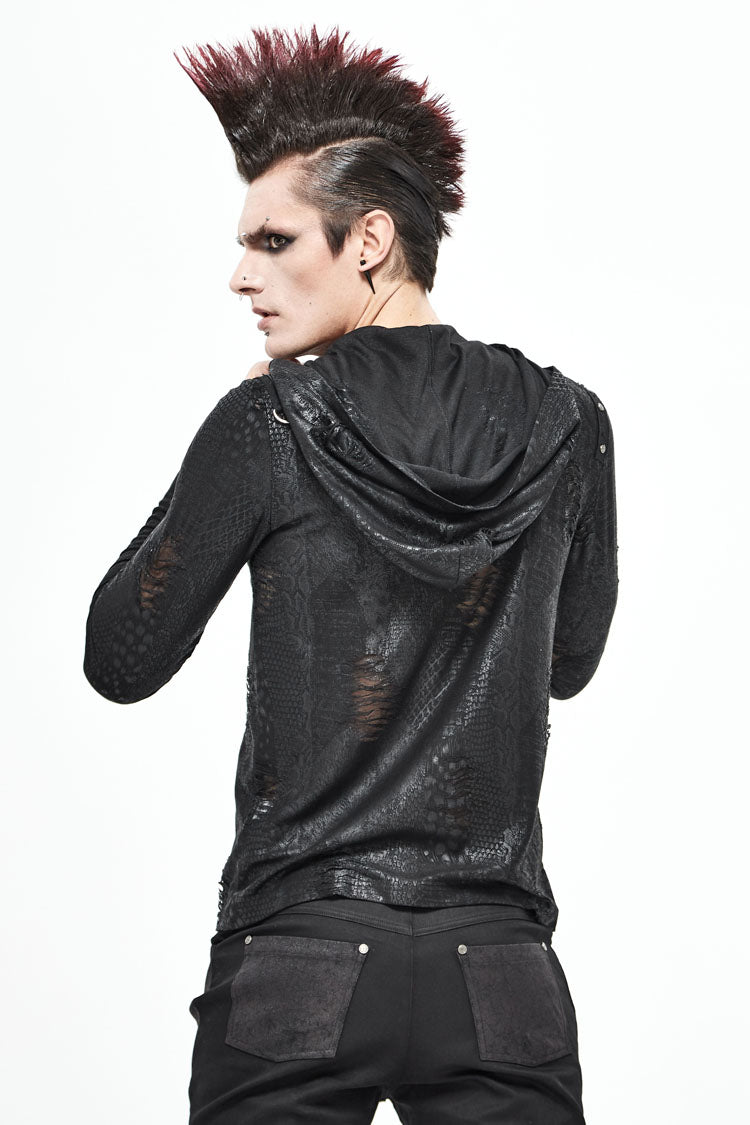 Black Broken Holes Knit Shoulder Lace-Up Irregular Hem Hooded Men's Punk T-Shirt - Product - 4