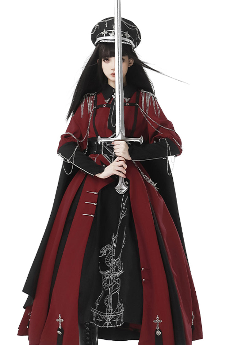 Red/Black [Scarlet Night Knight] Metal Chain Print Bowknot Gothic Military Elegant Lolita Dress - Product - 9