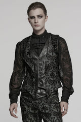 Black V Collar Long Sleeves Floral Embroidery Men's Gothic Vest - Black - 1