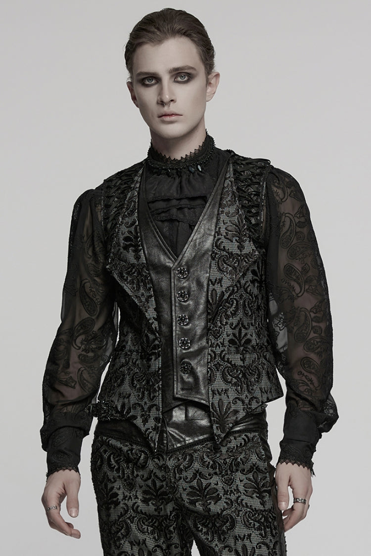 Black V Collar Long Sleeves Floral Embroidery Men's Gothic Vest - Black - 1
