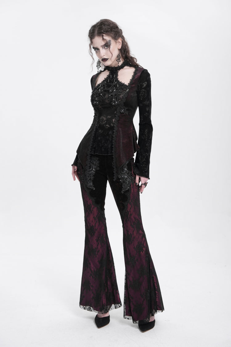 Red Long Trumpet Sleeves Jacquard Cutout Women's Gothic Blouse - Product - 12