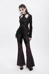 Red Long Trumpet Sleeves Jacquard Cutout Women's Gothic Blouse - Product - 12