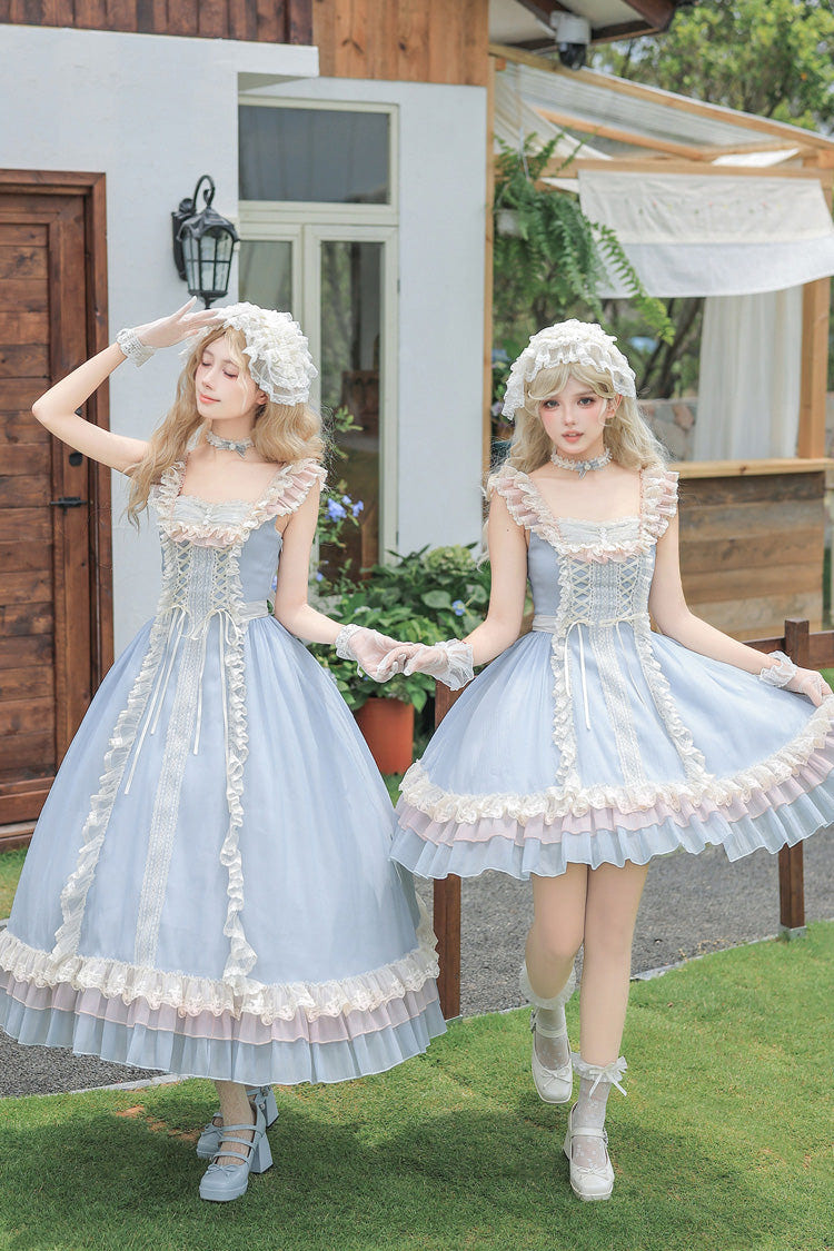 Blue [Island Diary] Square Collar Flutter Sleeves Triple-Layered Ruffled Lace-Up Sweet Lolita Jsk Dress 2 Versions - Product - 3