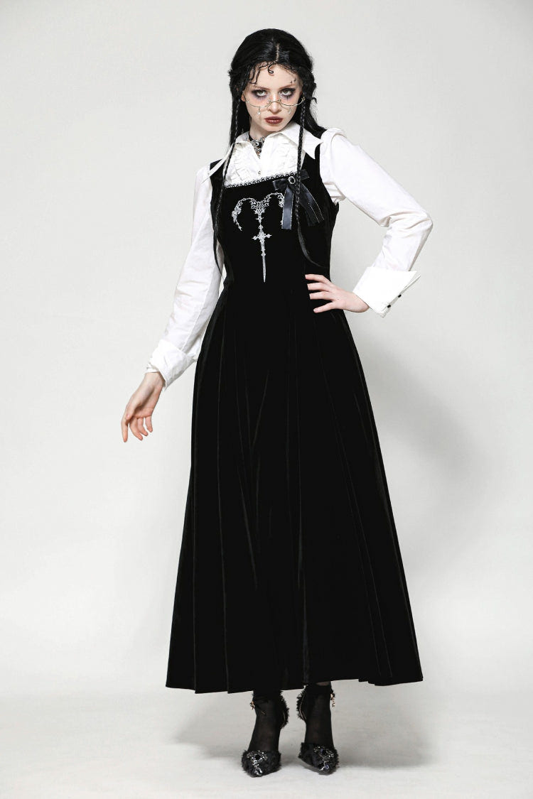 Black Horn Embroidered Lace-Up Women's Gothic Velvet Maxi Dress - Product - 10