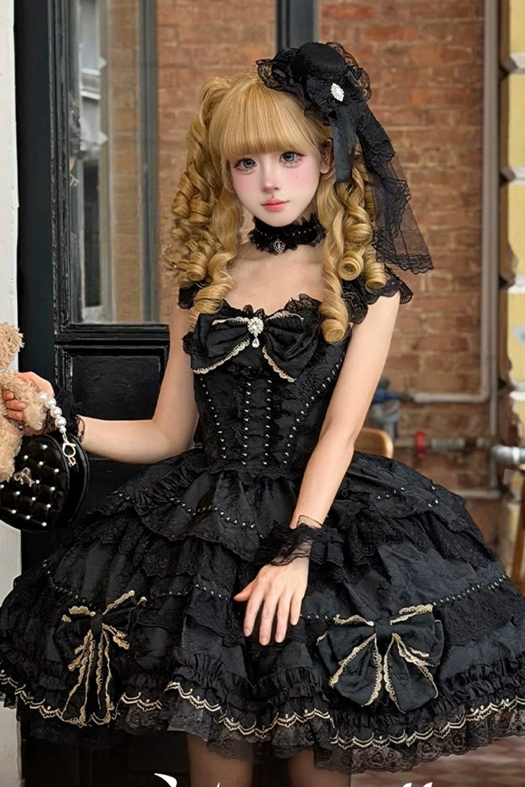 Black [Day and Night Duality] Square Collar Sleeveless Multi-Layered Jacquard Ruffled Bow Lace Gothic Lolita Jsk Dress - Product - 5