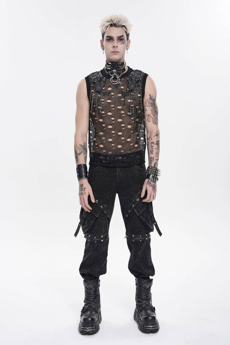 Black Round Collar Sleeveless Cut-Out Mesh Ripped Chain-Decorated Eyelet Men's Punk Cool Vest - Product - 2