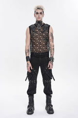 Black Round Collar Sleeveless Cut-Out Mesh Ripped Chain-Decorated Eyelet Men's Punk Cool Vest - Product - 2