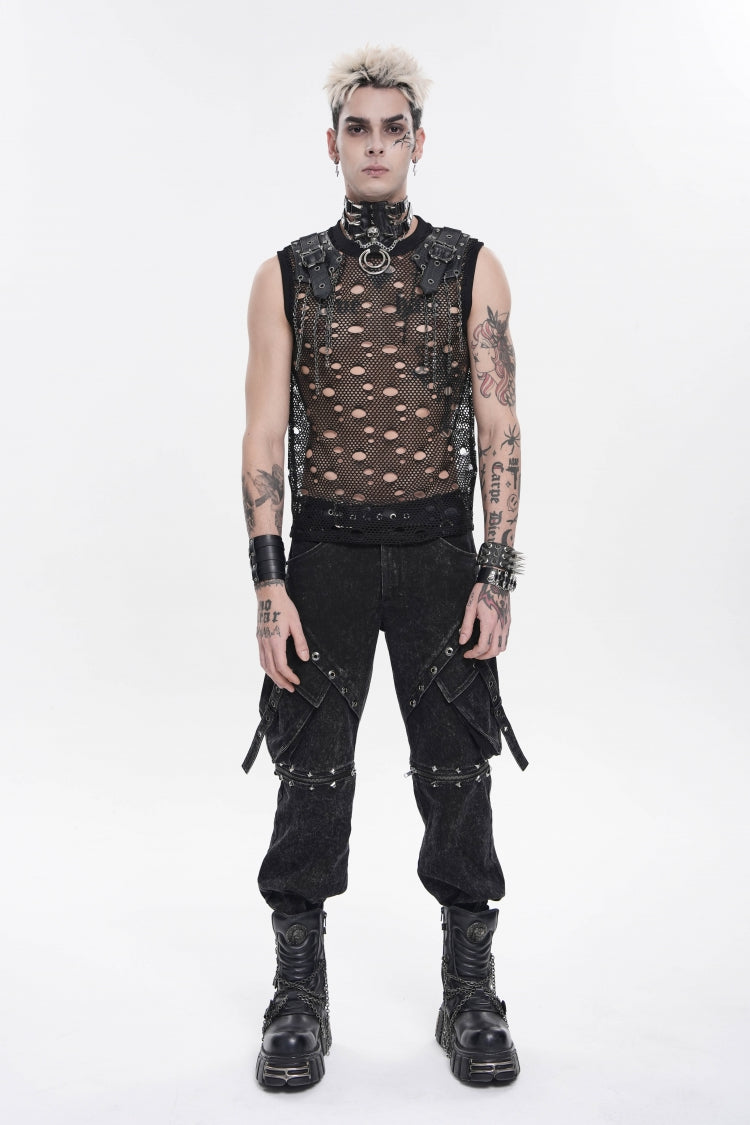 Black Round Collar Sleeveless Cut-Out Mesh Ripped Chain-Decorated Eyelet Men's Punk Cool Vest - Product - 2