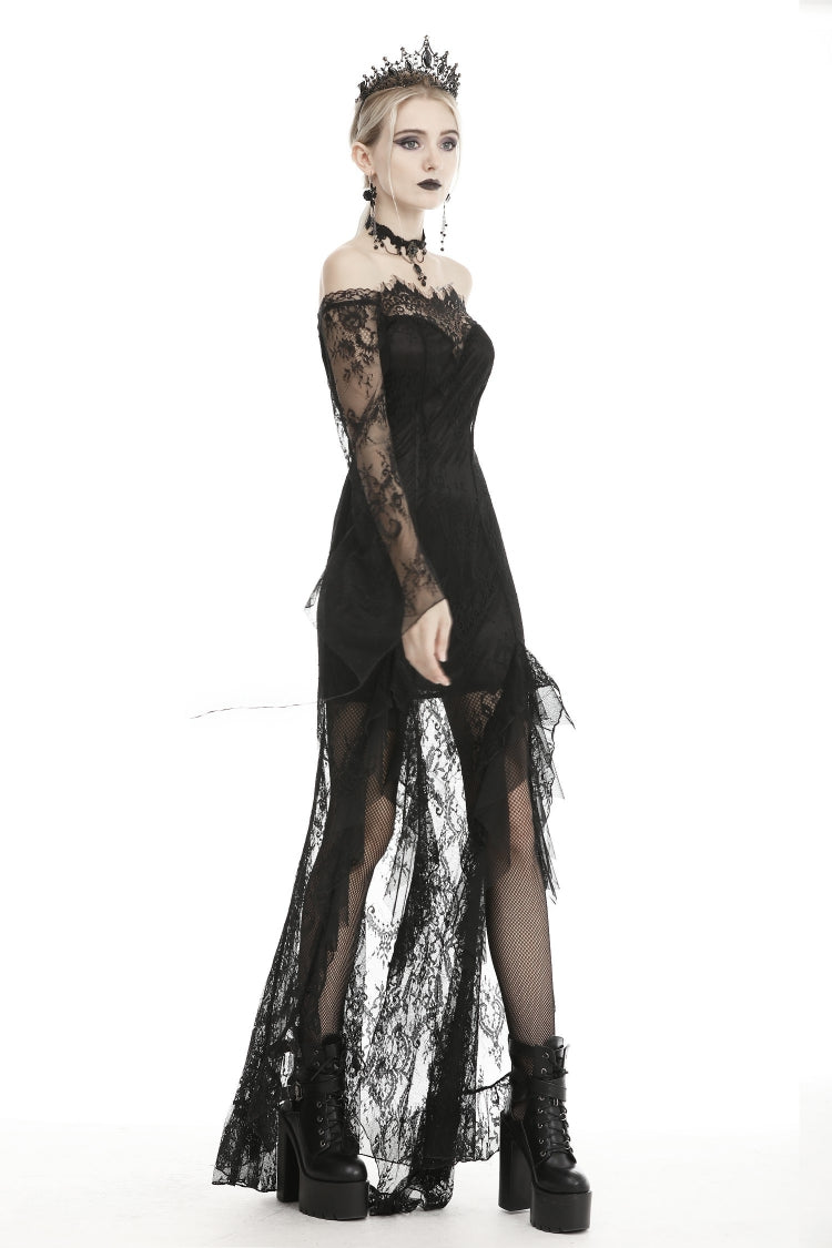 Black Off Shoulder Long Sleeves Lace Lace-Up Women's Gothic Mermaid Wedding Dress - Product - 12