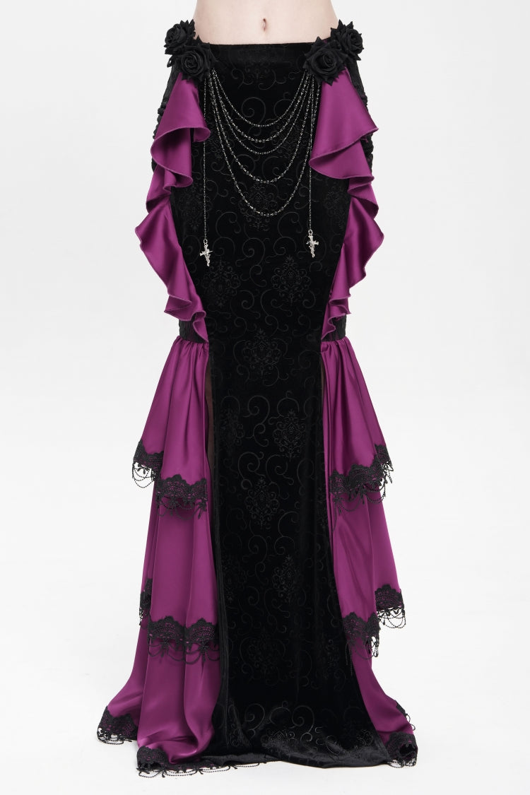 Purple Floral Print Lace-Up Rose Chain Women's Gothic Fishtail Skirt - Purple - 1