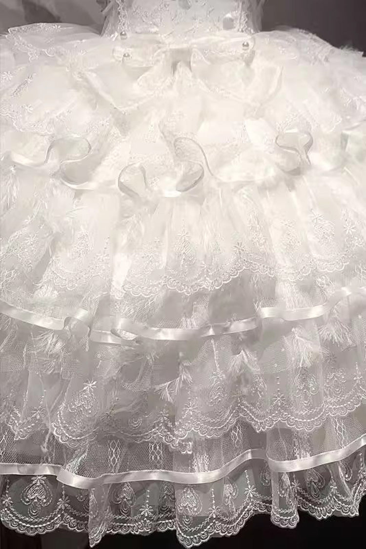 White [Ballad of Feathers] Sleeveless Multi-Layered Ruffle Hanayome Bowknot Sweet Lolita Jsk Dress - Product - 7