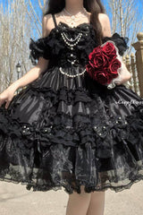 Black [Spring Cherry Snowfall] Off Shoulder Short Sleeves Multi-Layered Ruffled Bow Gothic Lolita Jsk Dress - Product - 2
