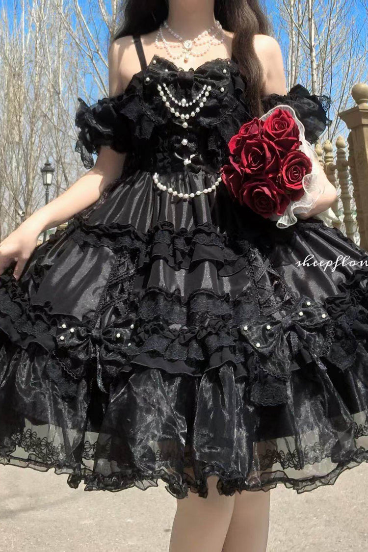 Black [Spring Cherry Snowfall] Off Shoulder Short Sleeves Multi-Layered Ruffled Bow Gothic Lolita Jsk Dress - Product - 2
