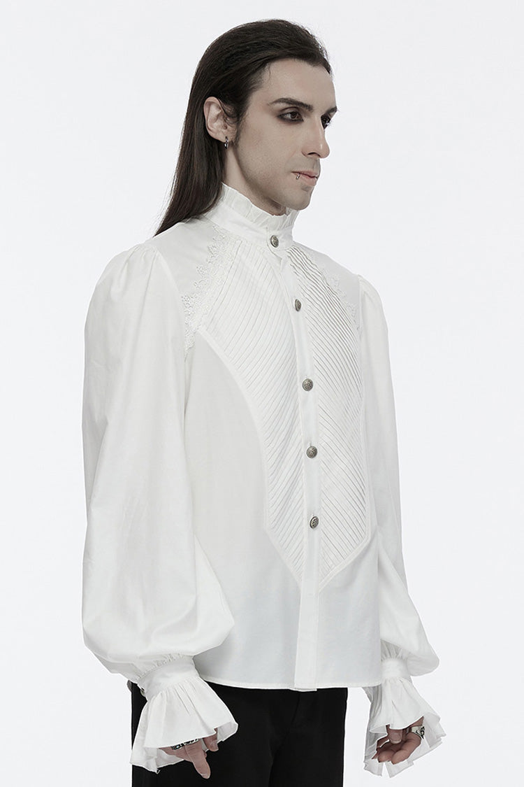 White Stand Collar Long Puff Sleeves Crochet Men's Gothic Blouse - Product - 2