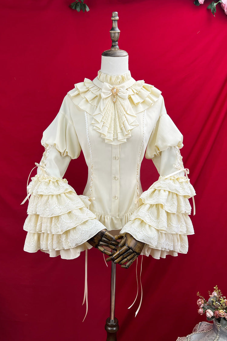 [The Angel of Good and Evil] Long Trumpet Sleeves Multi-Layered Ruffled Lace Classic Elegant Lolita Blouse 4 Colors - Apricot - 7
