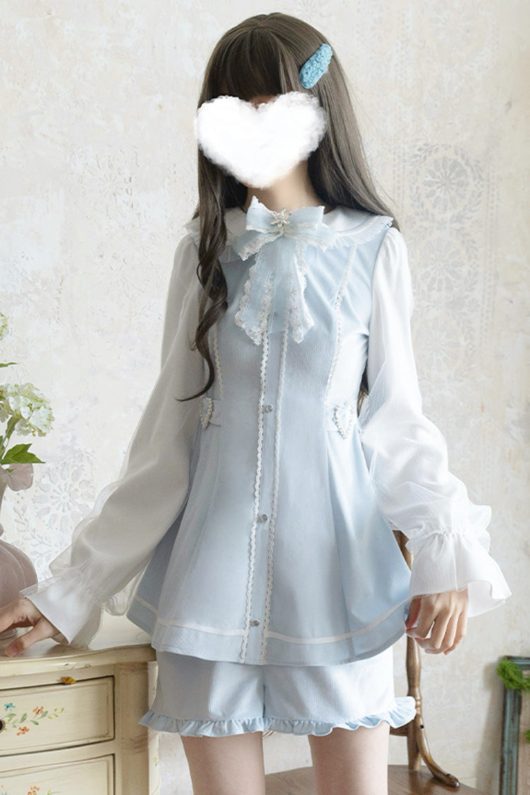 Blue Long Sleeves Ruffle Bowknot Lace Sweet Jirai Kei Dress Set - Blue - 1