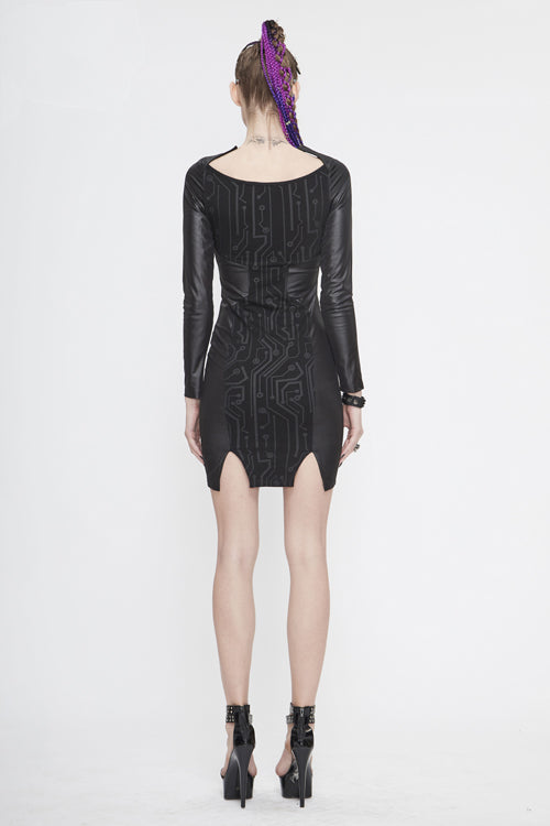 Black Punk Long Sleeve Circuit Board Print Waist Rope Womens Dress - Product - 4