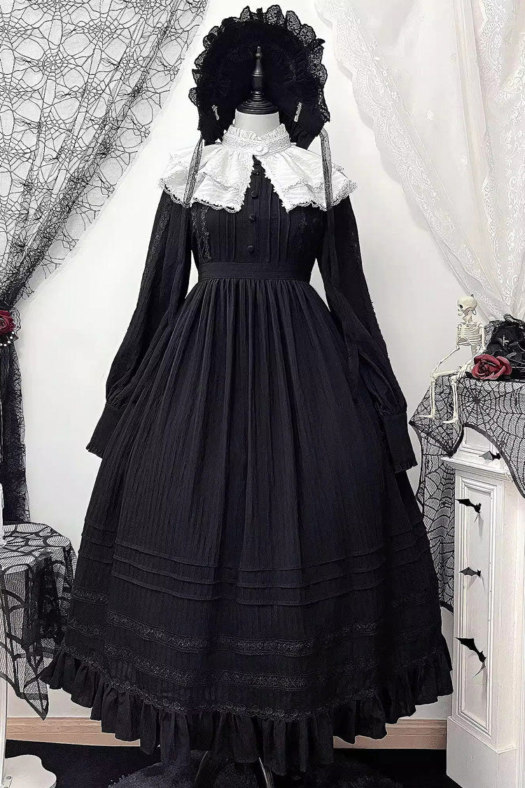 Black/White [Quiet Place] Long Sleeves Jacquard Ruffle Embroidery Bowknot Gothic Lolita Dress - Black/White - 1