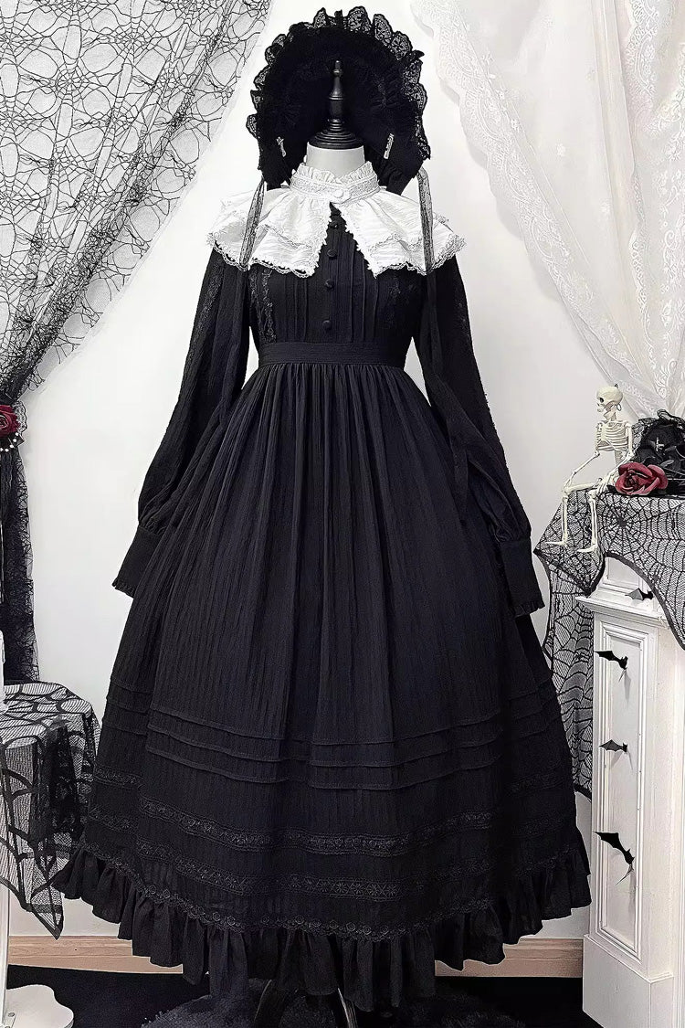 Black/White [Quiet Place] Long Sleeves Jacquard Ruffle Embroidery Bowknot Gothic Lolita Dress - Black/White - 1