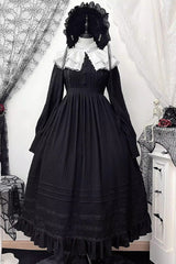 Black/White [Quiet Place] Long Sleeves Jacquard Ruffle Embroidery Bowknot Gothic Lolita Dress - Black/White - 1