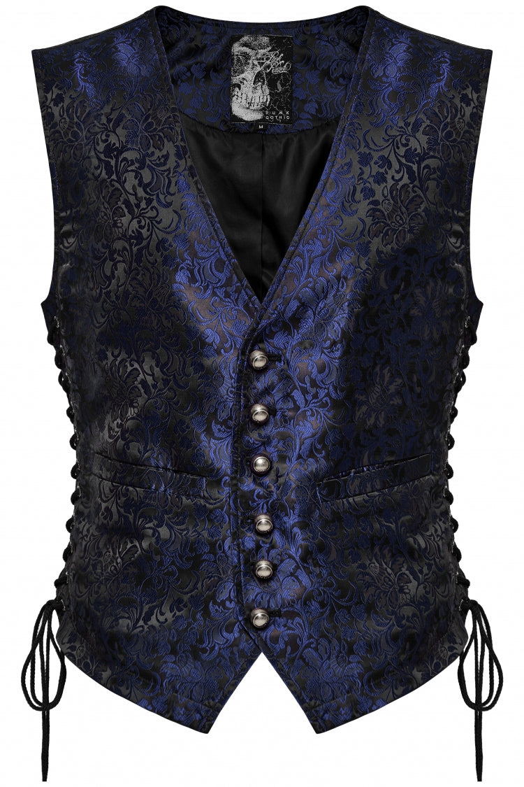 Black/Blue V Collar Jacquard Lace-Up Men's Gothic Vest - Product - 5
