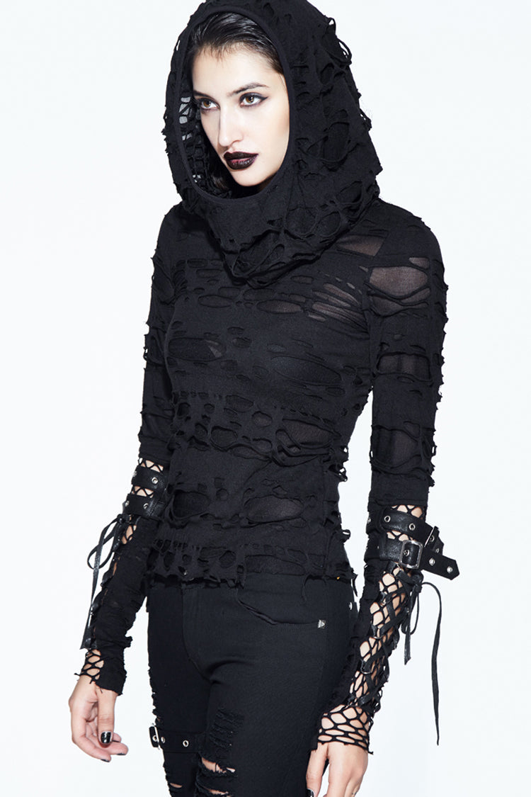 Black Hooded Ripped Finger Covered Splice Mesh Leather Loop Lace Up Women's Punk Shirt - Product - 2