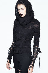 Black Hooded Ripped Finger Covered Splice Mesh Leather Loop Lace Up Women's Punk Shirt - Product - 2