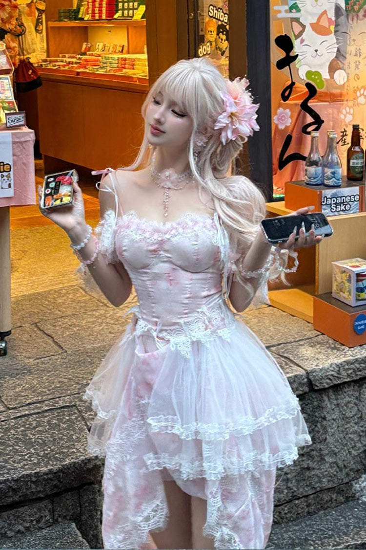 Pink [Sakura Trio] Sleeveless Double-Layered Ruffle Bowknot Lace Sweet Princess Lolita Jsk Dress - Product - 9