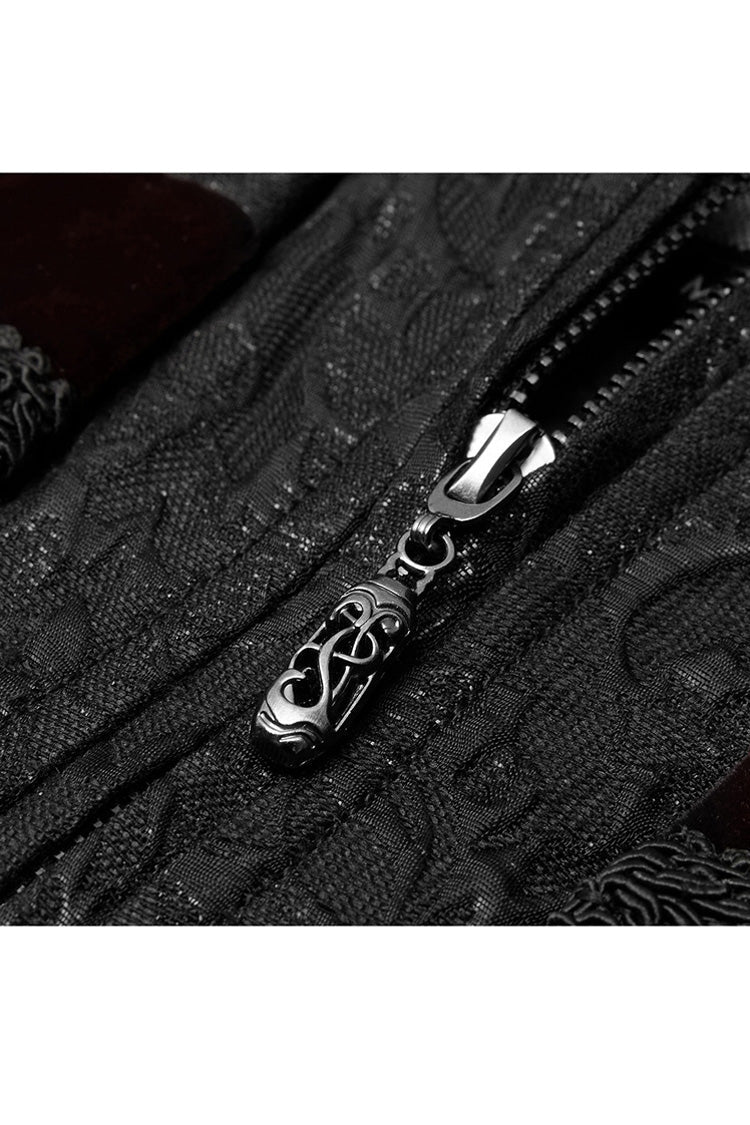 Black Jacquard Velvet Splice Weft Stand Up Collar Front Chest Breasted Decoration Men's Gothic Vest - Product - 5