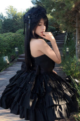 Black Sleeveless Triple-Layered Ruffle Bowknot Lace Gothic Princess Lolita Dress - Product - 5