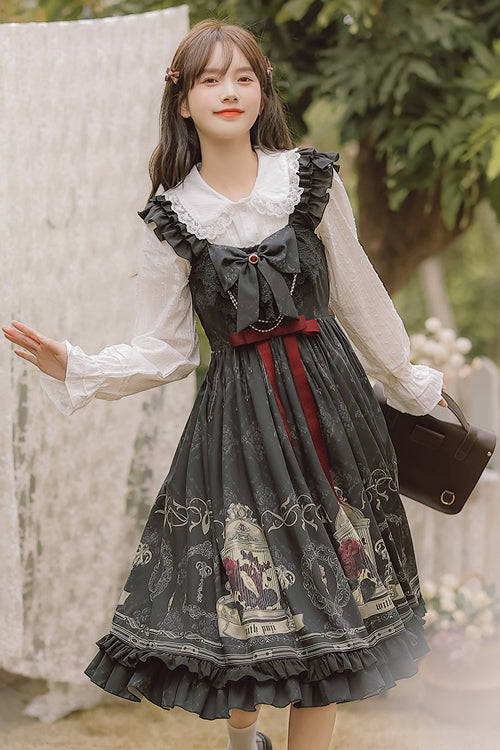 ブラックフリルストラップコートプリントフロントとバックリボンシックロリータジャンパースカート（JSK） 商品画像